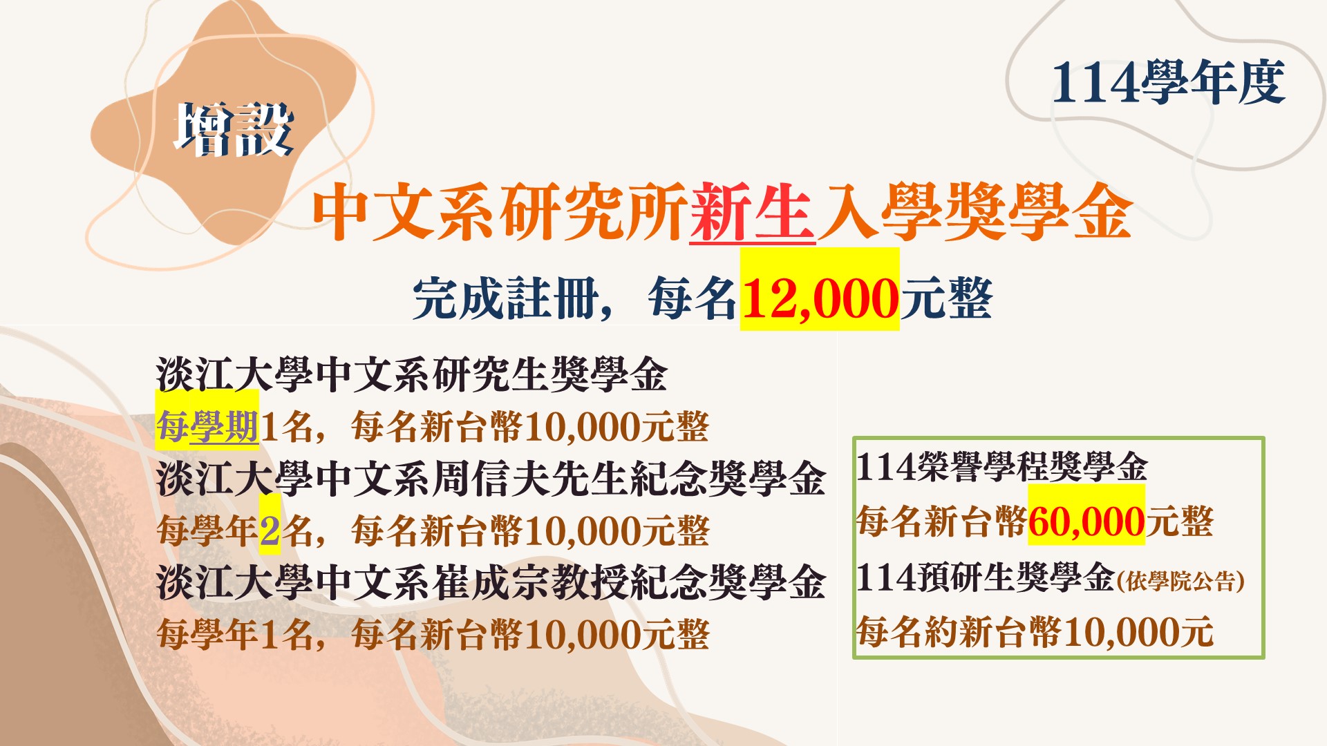 114學年度中文系研究生新生入學獎學金